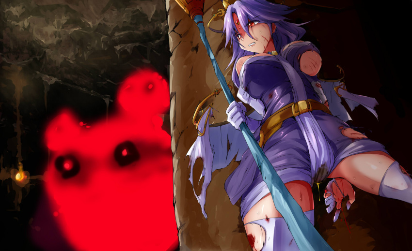 1girl bare_shoulders bleeding blood breasts broken_finger cape celine_jules dlc_(sekiei) elbow_gloves facial_mark forehead_mark gloves hat hiding highres holding holding_staff injury jewelry large_breasts long_hair monster purple_hair scared skirt solo staff star_ocean star_ocean_the_second_story torn_clothes torn_gloves