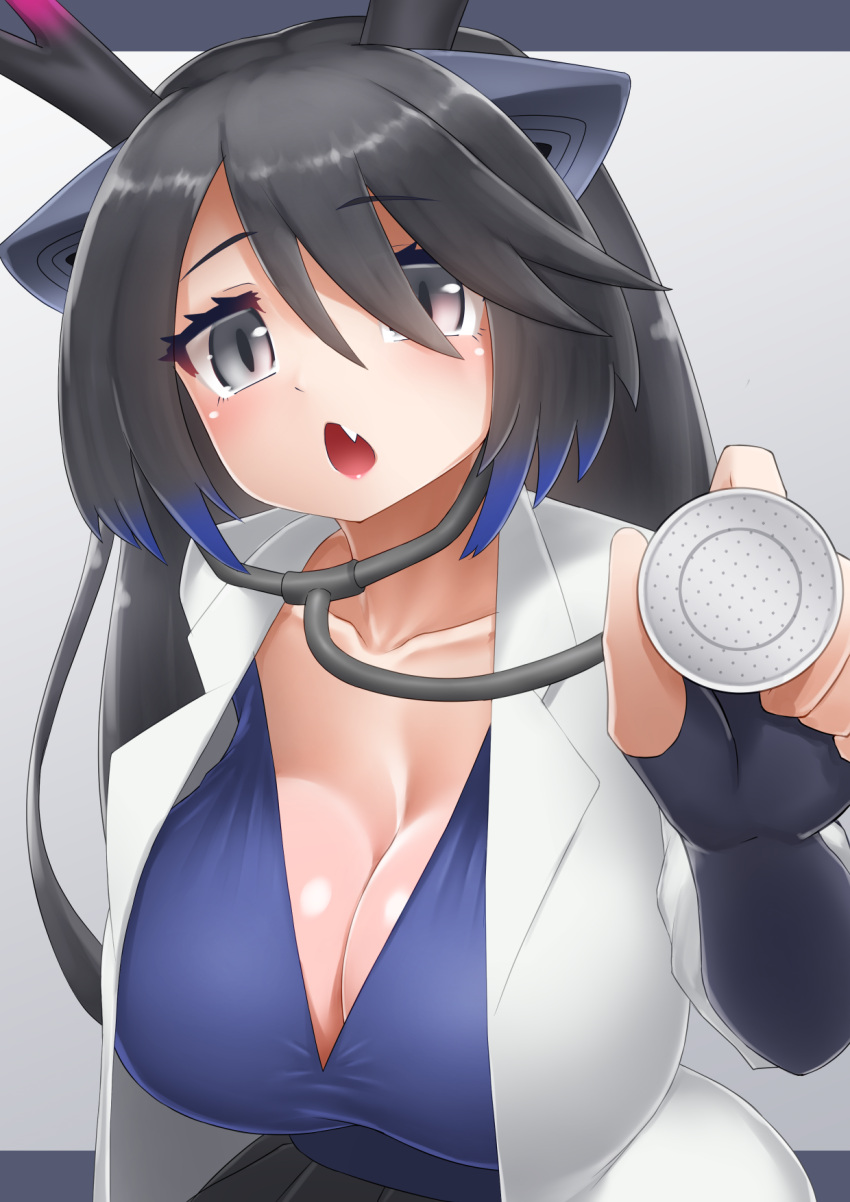 1girl black_dragon_(kemono_friends) black_gloves black_hair black_horns blue_hair breasts cleavage coat dark_blue_hair doctor dragon_ears dragon_horns elbow_gloves fang fingerless_gloves gloves grey_eyes highres holding holding_stethoscope horns kemono_friends kemono_friends_3 lab_coat large_breasts leaning_forward long_hair looking_at_viewer medical_examination multicolored_hair multicolored_horns open_clothes open_coat open_mouth parted_bangs pink_horns shirt skirt slit_pupils solo stethoscope two-tone_hair upper_body very_long_hair white_coat yonkuron