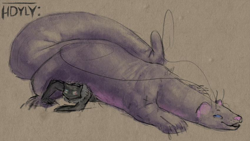 absurd_res anthro black_body black_fur cryptid digitigrade duo duo_focus feral fur group hi_res laying_on_ground long_tail male mammal mustelid neck_tuft on_top pinup pose prehensile_tail purple_body purple_fur seraphix smiling_at_partner smothering tail tail_tuft tuft white_eyes