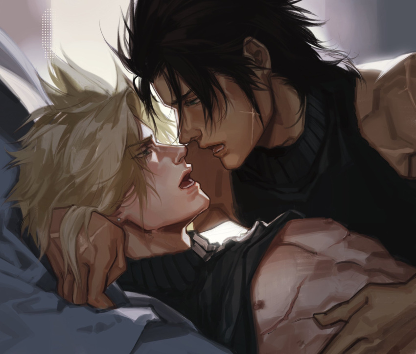 2boys aqua_eyes arm_around_neck black_hair black_sweater blonde_hair charluiu clothes_lift cloud_strife couple earrings eye_contact final_fantasy final_fantasy_vii final_fantasy_vii_remake hand_on_another's_chest highres imminent_kiss indoors jewelry looking_at_another lying male_focus mastectomy_scar medium_hair multiple_boys muscular muscular_male nipples on_back on_bed open_mouth ribbed_sweater scar scar_on_cheek scar_on_chest scar_on_face scar_on_hand scar_on_shoulder short_hair simple_background sleeveless sleeveless_sweater stud_earrings sweater sweater_lift tan turtleneck turtleneck_sweater yaoi zack_fair