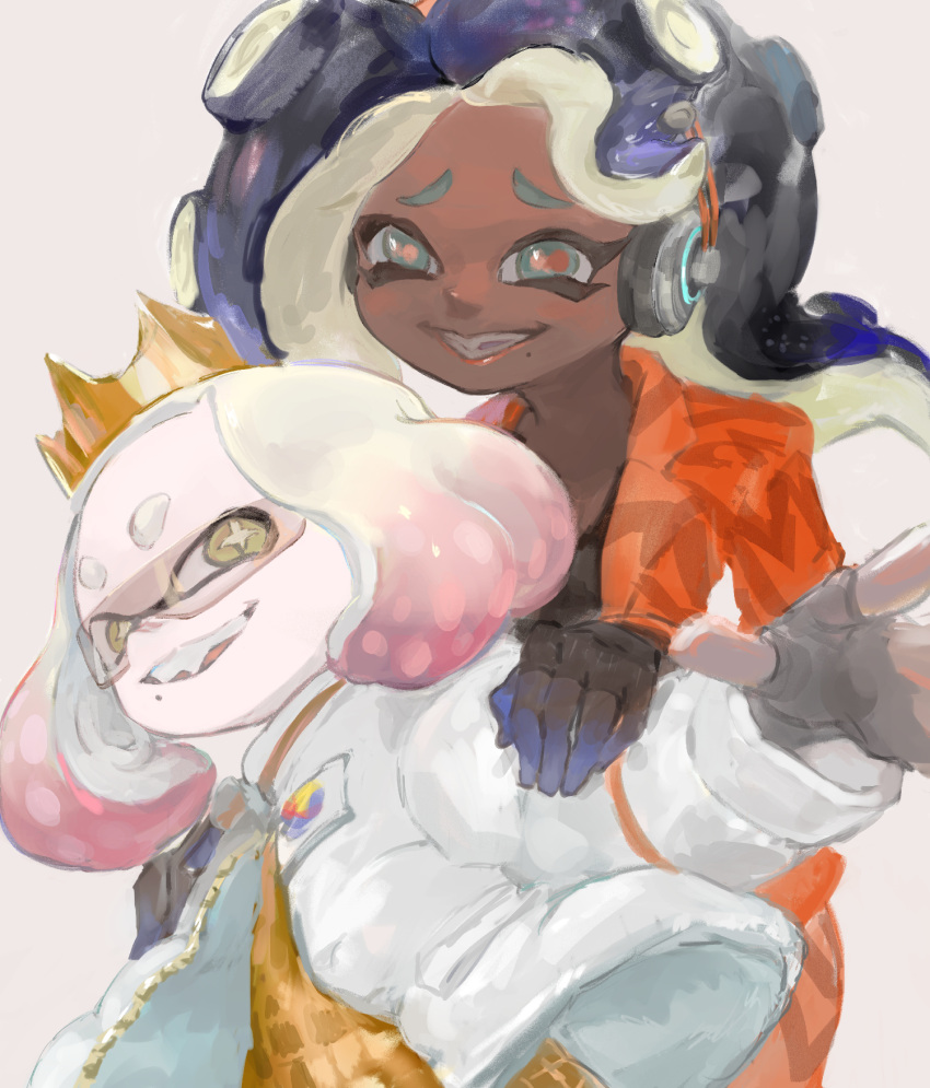 2girls aqua_eyes black_gloves black_hair blonde_hair blue_hair bright_pupils cephalopod_eyes coat crown dark-skinned_female dark_skin dress fangs fingerless_gloves furrowed_brow gloves gradient_hair hand_on_another's_shoulder headphones highres inkling jacket kamikaihi_game long_hair marina_(splatoon) medium_hair mole mole_under_mouth multicolored_hair multiple_girls octoling open_mouth orange_jacket orange_pants pants pearl_(splatoon) pink_hair puffy_coat red_pupils splatoon_(series) splatoon_3 splatoon_3:_side_order star-shaped_pupils star_(symbol) sunglasses symbol-shaped_pupils tentacle_hair white_background white_coat white_pupils yellow_dress yellow_eyes