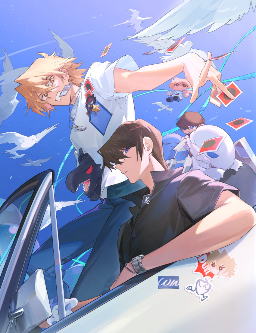 2boys bird black_shirt blonde_hair blue-eyes_white_dragon blue-eyes_white_dragon_(cosplay) blue_sky brown_hair car card cinnamoroll collared_shirt cosplay driving highres holding holding_card inkerpape jounouchi_katsuya kaiba_seto looking_at_viewer medium_hair motor_vehicle mouth_hold multiple_boys red-eyes_black_dragon sanrio sharp_teeth shirt sky stuffed_toy teeth watch wristwatch yu-gi-oh! yu-gi-oh!_duel_monsters