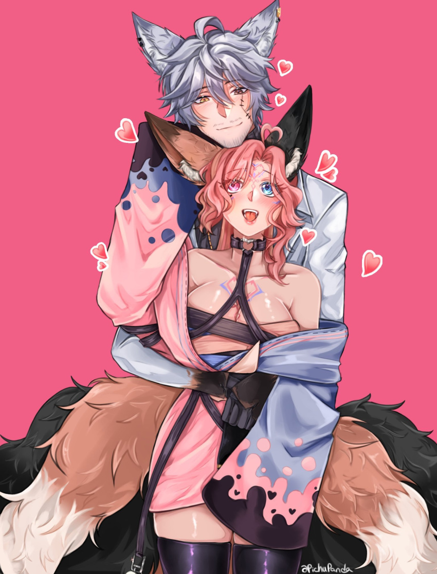 1boy 1girl ahoge animal_ears breasts chest_tattoo choker cleavage couple docc_woody dress english_commentary facial_hair fox_boy fox_ears fox_girl fox_tail grey_hair happy heart heart_ahoge heart_o-ring hetero heterochromia highres indie_virtual_youtuber itspichupanda japanese_clothes kimono large_breasts long_sleeves looking_at_viewer looking_up mustache o-ring o-ring_choker open_clothes open_mouth pink_background pink_eyes pink_hair red_eyes second-party_source shiny_clothes shiny_skin short_hair short_kimono skindentation smile standing tail tattoo thighhighs upper_body virtual_youtuber wide_sleeves yellow_eyes