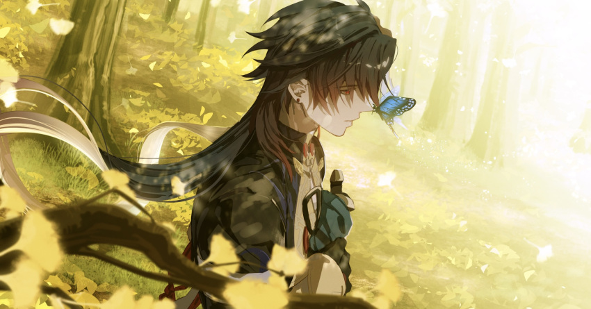 1boy black_hair blade_(honkai:_star_rail) bug butterfly butterfly_on_nose chinese_clothes closed_mouth earrings falling_leaves floating_hair from_side ginkgo_leaf gradient_hair highres honkai:_star_rail honkai_(series) jewelry leaf long_hair long_sleeves male_focus multicolored_hair red_eyes solo zassyoku_dd