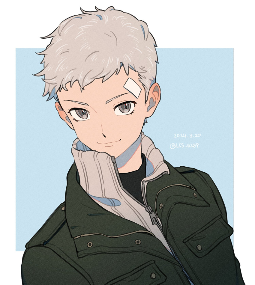 1boy alternate_costume bandaid bandaid_on_face bandaid_on_forehead black_jacket black_undershirt blush border closed_mouth dated ear_blush grey_eyes grey_hair highres jacket lcs_0209 looking_at_viewer male_focus outside_border persona persona_3 persona_3_reload sanada_akihiko short_hair smile solo sweater turtleneck turtleneck_sweater twitter_username upper_body very_short_hair white_border zipper