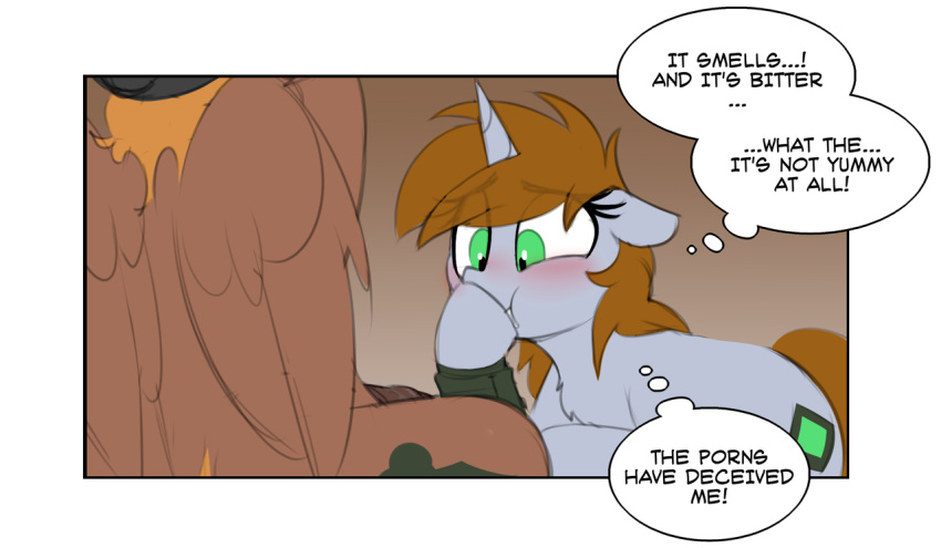 2018 after_fellatio after_oral after_sex calamity_(fallout_equestria) cutie_mark disappointed english_text equid equine fallout_equestria fan_character female flaccid genitals hasbro horn humor littlepip looking_at_genitalia looking_at_penis male male/female mammal my_little_pony mythological_creature mythological_equine mythology pegasus penis shinodage sketch text thought_bubble unicorn wings