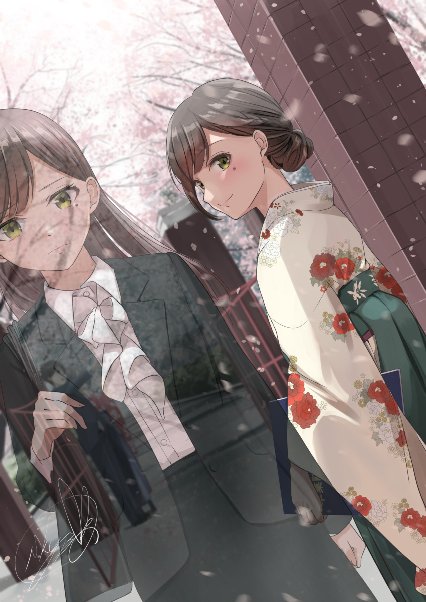 1girl bag black_bag black_skirt bow bowtie brown_hair cherry_blossoms collared_shirt cowboy_shot expressionless frilled_bowtie from_behind graduation hair_bun hakama highres holding holding_bag japanese_clothes kimono long_hair mole original pencil_skirt pillar sad shirt skirt smile soragane_(banisinngurei) straight-on suit white_kimono white_shirt yellow_eyes