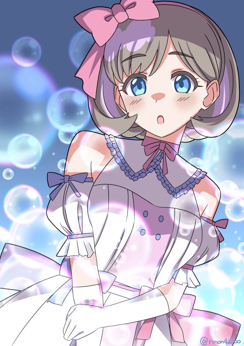 1girl :o absurdres blue_eyes blush bow_hairband bubble commentary detached_sleeves dress dutch_angle elbow_gloves gloves grey_hair hairband highres looking_at_viewer love_live! love_live!_superstar!! open_mouth pink_hairband puffy_detached_sleeves puffy_sleeves rinon42600 short_hair sleeveless sleeveless_dress solo tang_keke tiny_stars upper_body white_dress white_gloves white_sleeves