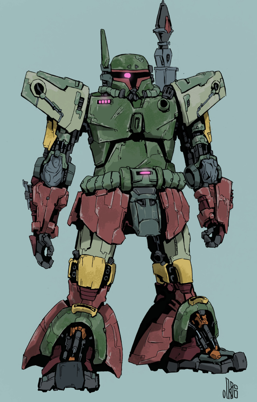 absurdres boba_fett clenched_hand fusion glowing glowing_eye green_background gundam highres looking_at_viewer mecha mecha_focus mobile_suit mobile_suit_gundam okli one-eyed purple_eyes robot simple_background solo star_wars zaku_ii