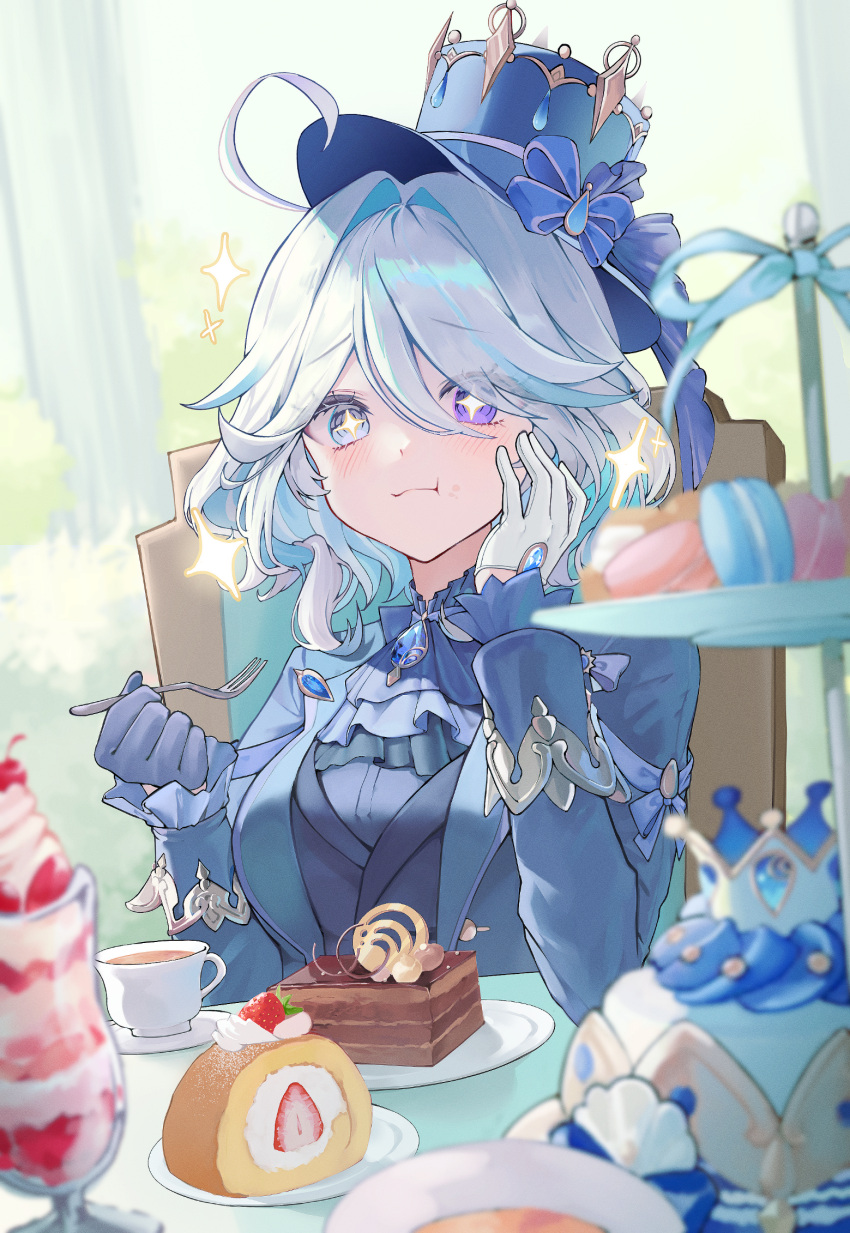 "pour_la_justice"_(genshin_impact) +_+ 1girl :t ahoge ascot asymmetrical_gloves blue_ascot blue_bow blue_eyes blue_gemstone blue_gloves blue_hair blue_hat blue_jacket blue_ribbon blue_shirt blurry blurry_background blurry_foreground blush bow brooch cake cake_slice chair cherry chocolate_cake closed_mouth commentary cup english_commentary eyelashes food food_on_face foodgasm fork fruit furina_(genshin_impact) gem genshin_impact gloves hair_between_eyes hair_intakes hand_on_own_cheek hand_on_own_face hands_up hat hat_bow heterochromia highres holding holding_fork hydro_symbol_(genshin_impact) jacket jewelry lapels long_sleeves macaron mismatched_gloves multicolored_hair on_chair open_clothes open_jacket parfait parted_bangs plate purple_eyes ribbon saucer seo_pport shirt short_hair sidelocks sitting sleeve_cuffs smile solo sparkle strawberry strawberry_parfait streaked_hair swept_bangs swiss_roll table tea teacup tiered_tray tilted_headwear top_hat upper_body whipped_cream white_gloves white_hair