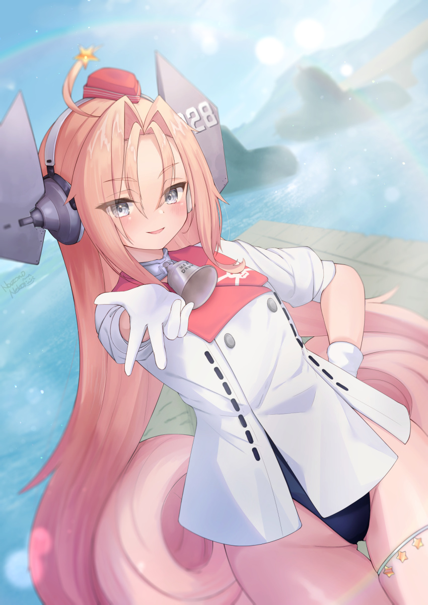 1girl bell blush breasts day drum_(kancolle) garrison_cap gloves grey_eyes hair_between_eyes hair_ornament halo hand_on_own_hip hat headgear highres kantai_collection long_hair looking_at_viewer nazono_neko neck_bell one-piece_swimsuit outdoors parted_lips pink_hair rainbow sky solo star_(symbol) star_hair_ornament swimsuit swimsuit_under_clothes thigh_strap very_long_hair white_gloves