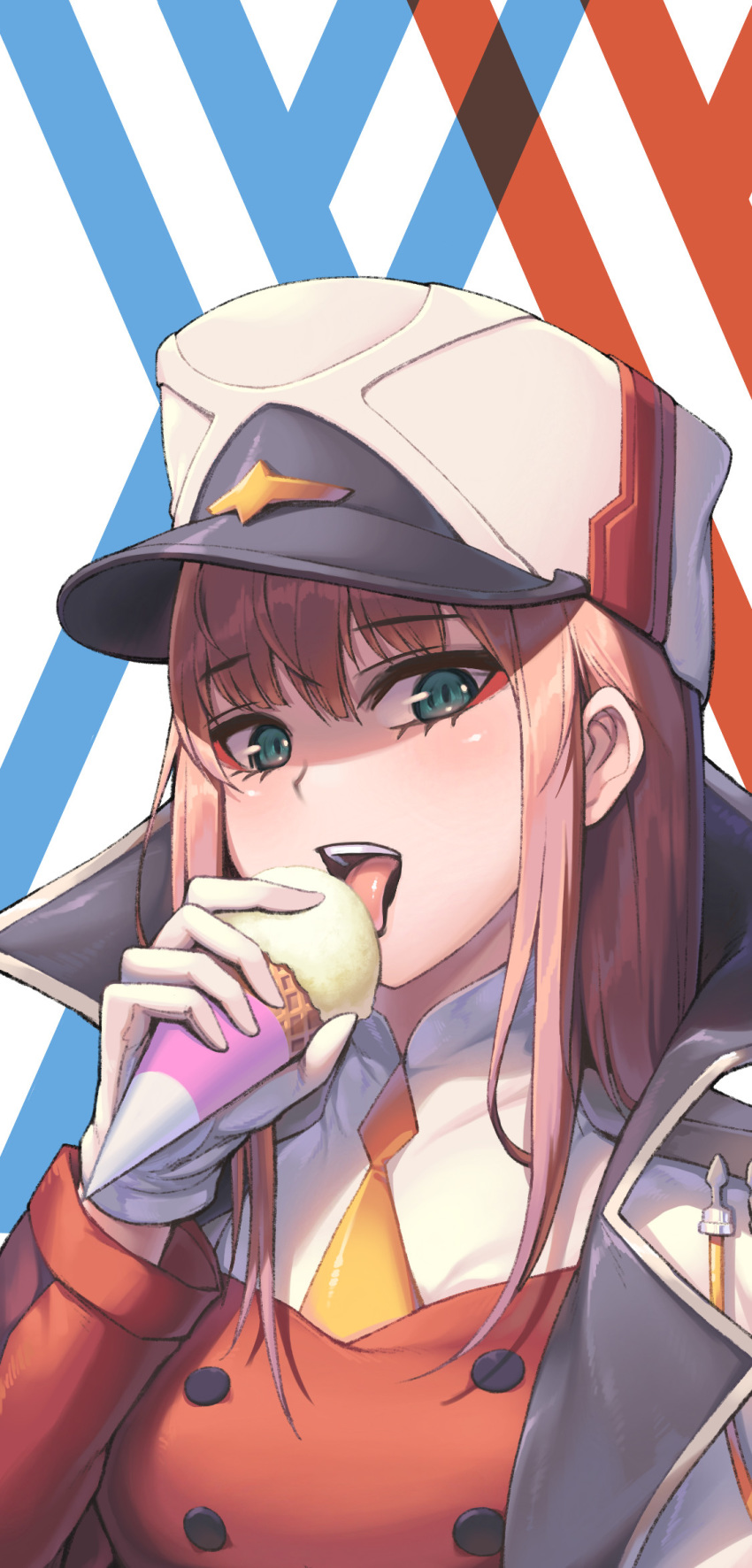1girl aqua_eyes bangs bara_art commentary darling_in_the_franxx eating eyebrows_visible_through_hair eyeshadow food gloves green_eyes hat highres ice_cream ice_cream_cone jacket jacket_on_shoulders licking looking_at_viewer makeup military military_hat military_uniform orange_neckwear pink_hair straight_hair uniform white_gloves white_jacket zero_two_(darling_in_the_franxx)