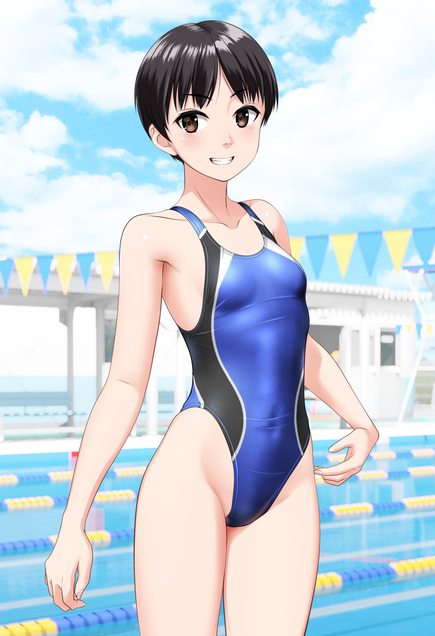 1girl absurdres black_hair blue_one-piece_swimsuit blurry blurry_background borrowed_character breasts brown_eyes commentary_request competition_swimsuit covered_navel cowboy_shot grin groin highleg highleg_swimsuit highres multicolored_clothes multicolored_swimsuit one-piece_swimsuit original pool short_hair small_breasts smile solo standing string_of_flags swimsuit takafumi variant_set