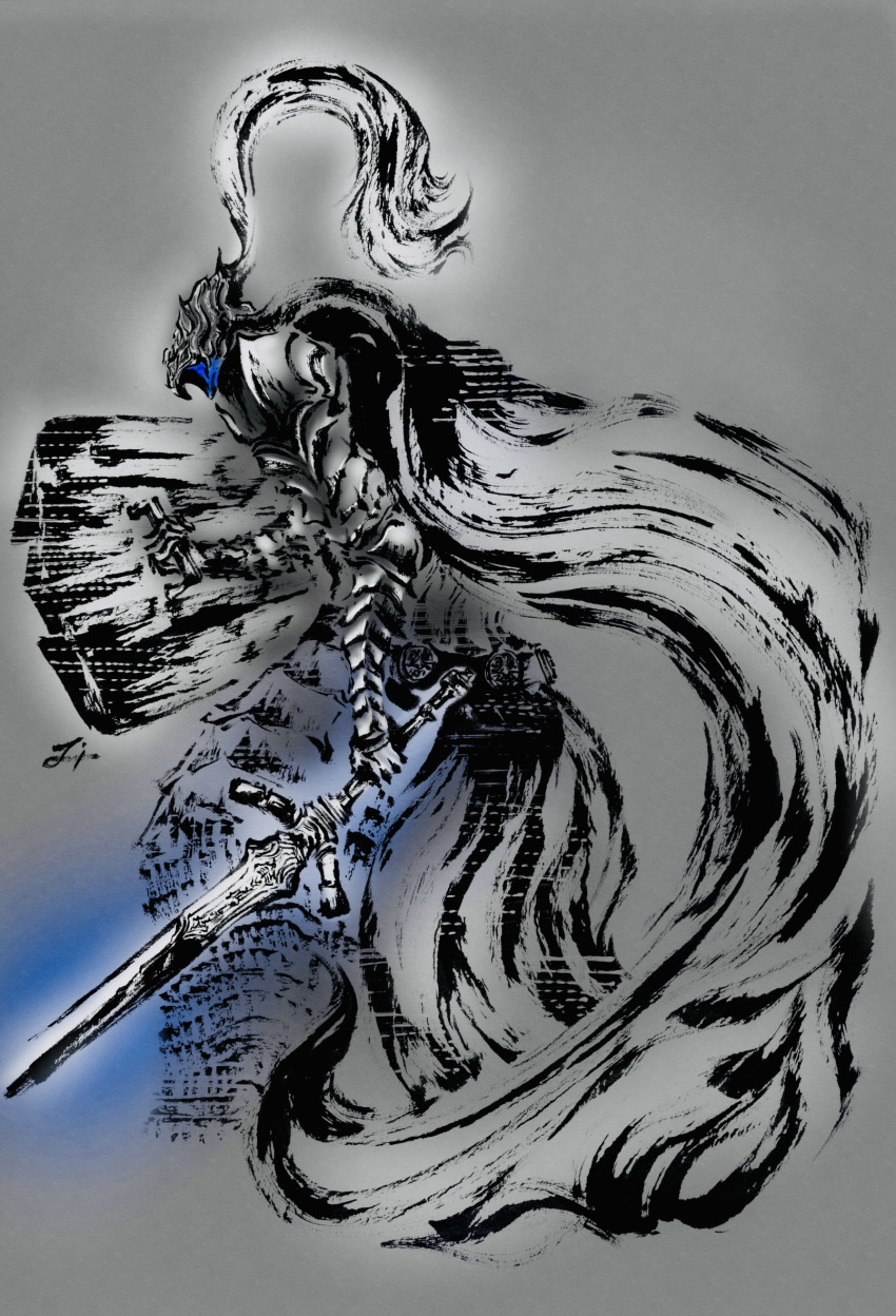 1boy armor artorias_the_abysswalker belt cape dark_souls_(series) dark_souls_i deadpool_yuchan full_armor gauntlets glowing glowing_weapon grey_background helmet highres holding holding_shield holding_sword holding_weapon knight male_focus pauldrons plume shield shoulder_armor signature solo spot_color sword weapon