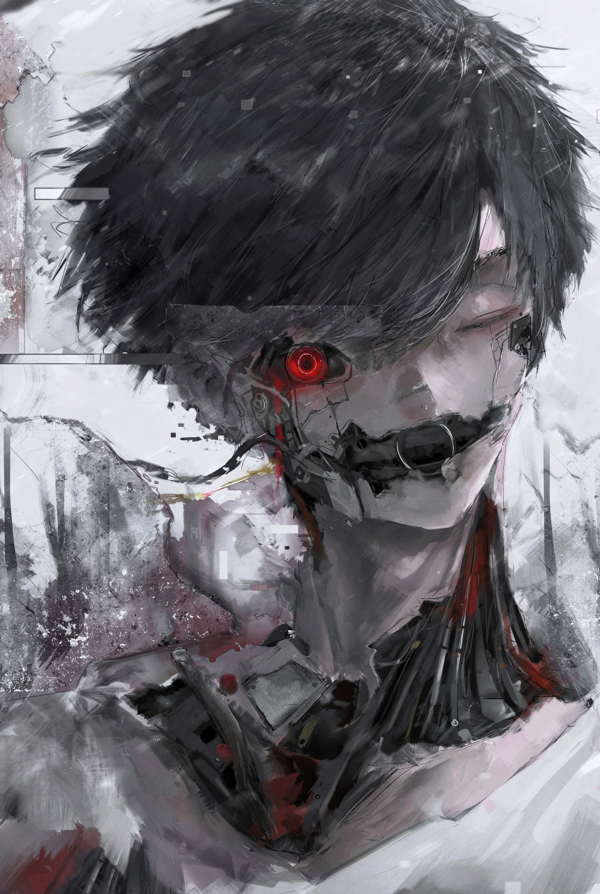1boy absurdres black_hair closed_mouth foreverechoyu hair_between_eyes highres male_focus mecha one_eye_closed original portrait red_eyes robot short_hair solo torn_skin white_background wire