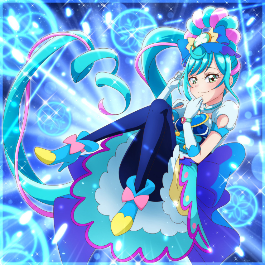 1girl abstract_background back_bow black_pantyhose blue_background blue_bow blue_dress blue_footwear blue_hair bow brooch closed_mouth convenient_leg cure_spicy delicious_party_precure dot_nose dress earrings elbow_gloves footwear_bow full_body fuwa_kokone gloves green_eyes hair_bow heart heart_brooch highres jewelry large_bow looking_at_viewer magical_girl multicolored_hair pantyhose pink_bow pink_hair precure shoes short_dress single_hair_ring smile solo tj-type1 tsurime two-tone_hair white_gloves