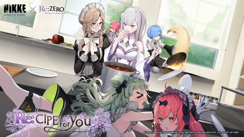 6+girls ade_(nikke) ahoge black_dress black_ribbon blue_eyes blue_hair blunt_bangs blush bow breasts brown_eyes clumsy cocoa_(nikke) commentary cooking copyright_name crying cutting_board day detached_sleeves dress emilia_(re:zero) english_commentary english_text fire floating_hair food fried_rice fried_rice_prank_(meme) frilled_sleeves frills from_side gem glasses gloves goddess_of_victory:_nikke green_eyes green_gemstone green_hair grey_hair hair_bow hair_ornament hair_over_one_eye hairclip hands_up highres holding holding_ladle indoors juliet_sleeves ladle large_breasts long_hair long_sleeves looking_at_another looking_back maid_headdress meat medium_breasts meme multiple_girls neck_ribbon official_art open_mouth pink_hair plate profile puffy_sleeves purple_eyes ram_(re:zero) re:zero_kara_hajimeru_isekai_seikatsu red_eyes rem_(re:zero) ribbon roswaal_mansion_maid_uniform salad short_hair soda_(nikke) spice steepled_fingers symbol-shaped_pupils tears thighhighs thighs tripping v-shaped_eyebrows white_dress white_gloves white_thighhighs wide_sleeves window wok x_hair_ornament