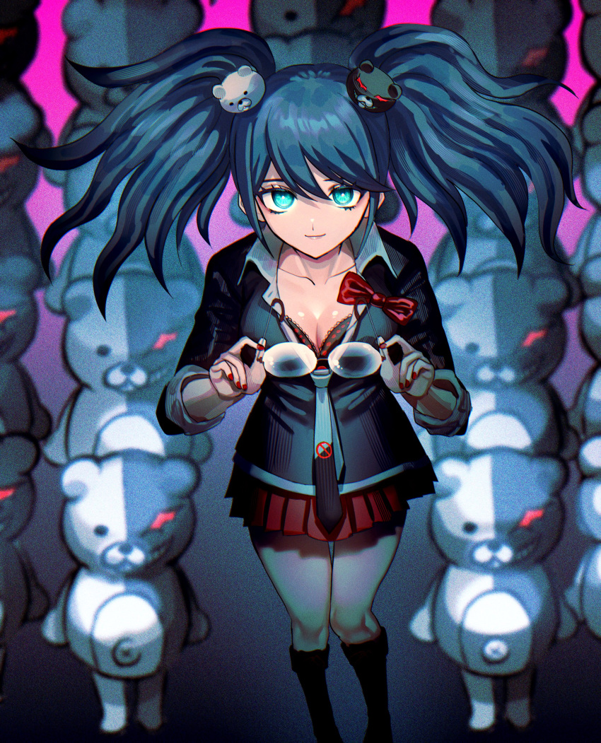 1girl absurdres bear_hair_ornament black_footwear black_hair black_necktie black_shirt boots breasts cleavage collarbone cosplay danganronpa:_trigger_happy_havoc danganronpa_(series) danganronpa_v3:_killing_harmony enoshima_junko enoshima_junko_(cosplay) esu_(tasoesu) glasses hair_ornament highres holding holding_removed_eyewear long_hair long_sleeves medium_breasts miniskirt monokuma nail_polish necktie pleated_skirt red_nails red_skirt shiny_skin shirogane_tsumugi shirt skirt smile twintails unworn_eyewear white_necktie