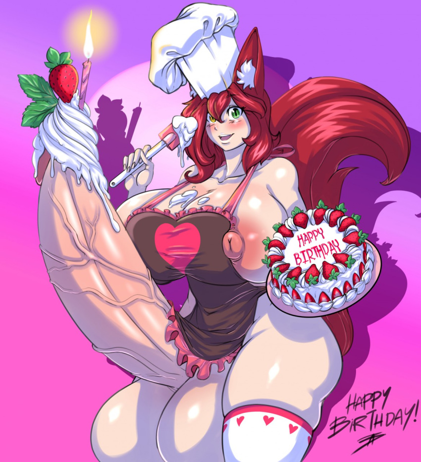 2018 5_fingers animal_humanoid apron apron_only areola balls big_balls big_breasts big_nipples big_penis birthday_cake birthday_candle blush breasts cake candle canid canid_humanoid canine canine_humanoid chef_hat clothing dairy_products dessert english_text erection fingers food food_on_penis fox_humanoid fruit genitals gynomorph hair happy_birthday hat headgear headwear heart_apron heart_clothing heart_symbol heterochromia hi_res holding_cake holding_food holding_object huge_balls huge_breasts huge_penis humanoid hyper hyper_balls hyper_genitalia hyper_penis inner_ear_fluff intersex light_body light_skin lit_candle mammal mammal_humanoid mirukwi natsumi_vixen nipples open_mouth open_smile penis plant pupils red_hair slit_pupils smile solo spatula strawberry text tools tuft whipped_cream white_inner_ear_fluff