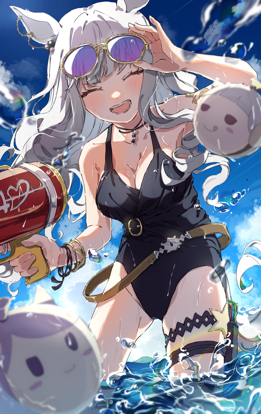 1girl absurdres animal_ears black_one-piece_swimsuit blue_sky blunt_bangs breasts cloud cloudy_sky commentary_request gold_ship_(run_revolt_launcher)_(umamusume) gold_ship_(umamusume) grey_hair hand_on_own_hip highres holding holding_water_gun horse_ears horse_girl horse_tail jewelry komeko97 large_breasts long_hair necktie official_alternate_costume one-piece_swimsuit purple_eyes purple_hair sky solo sunglasses swimsuit tail tongue umamusume water water_gun