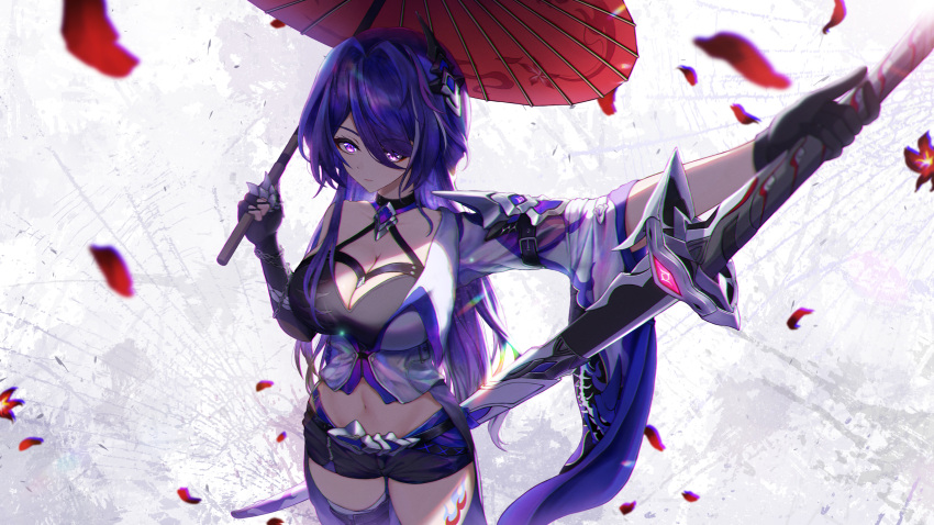 1girl absurdres acheron_(honkai:_star_rail) bad_arm black_gloves black_shorts breasts commentary cowboy_shot crop_top flower gloves hair_ornament highres holding holding_sword holding_umbrella holding_weapon honkai:_star_rail honkai_(series) katana large_breasts leg_tattoo long_hair midriff navel petals purple_eyes purple_hair red_flower red_umbrella scabbard sheath short_shorts shorts single_bare_shoulder solo standing stomach sword tattoo umbrella unsheathing very_long_hair weapon z1zq