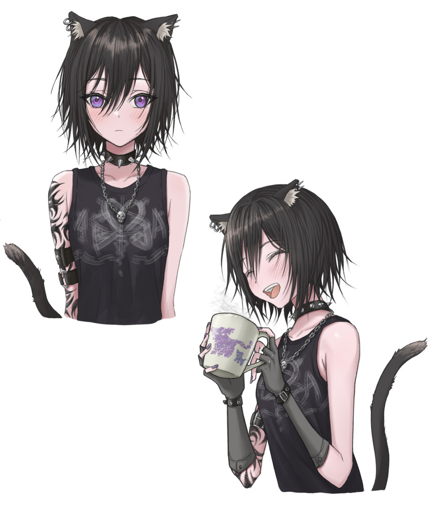 1girl :d animal_ear_fluff animal_ears arm_strap arm_tattoo black_hair cat_ears cat_tail choker coffee_mug cup earrings fingerless_gloves gloves highres holding holding_cup jewelry looking_at_viewer messy_hair mug nail_polish necklace original otyappa078 punk purple_eyes short_hair sleeveless smile spiked_choker spikes tail tattoo white_background