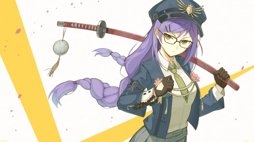 1girl akafuyu_(arknights) akafuyu_(temperament)_(arknights) arknights bespectacled blue_hat blue_jacket braid clenched_hand collared_shirt commentary cowboy_shot frown glasses green_necktie grey_skirt hair_ornament hairclip hat head_tilt highres holding holding_sword holding_weapon jacket looking_at_viewer military_hat necktie official_alternate_costume petals purple_hair sheath sheathed shirt simple_background skirt solo sword twin_braids twintails weapon white_background white_shirt zhadao_lza