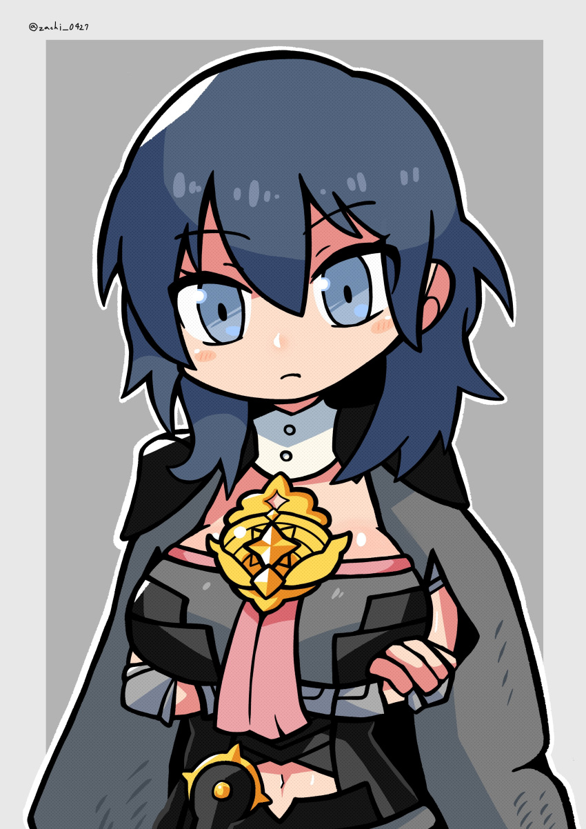 1girl absurdres armlet armor artist_name blue_eyes blue_hair bodice breasts bustier byleth_(female)_(fire_emblem) byleth_(fire_emblem) cape chibi clothing_cutout crossed_arms dagger fire_emblem fire_emblem:_three_houses highres knife large_breasts medium_hair navel_cutout shoulder_armor solo tassel turtleneck vambraces weapon zachukun