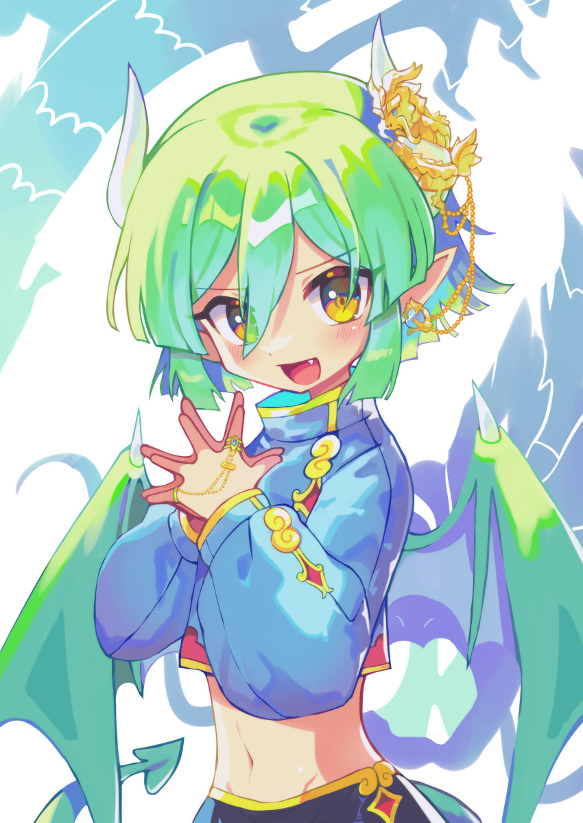 1girl absurdres brown_eyes crop_top draco_centauros dragon_girl dragon_horns dragon_tail dragon_wings fang green_eyes highres horns long_sleeves navel offbeat open_mouth pointy_ears puyopuyo short_hair solo tail wings