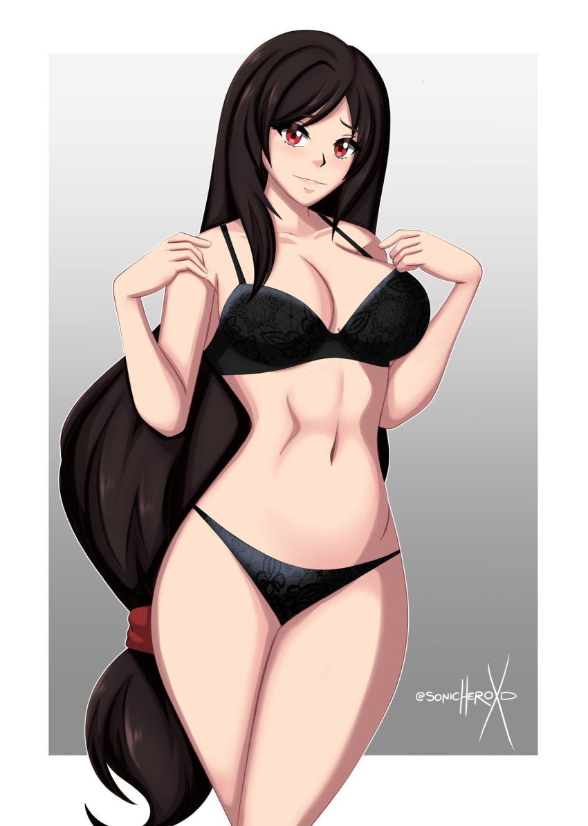 1girl artist_name black_bra black_hair black_panties blush border bra breasts cleavage collarbone cowboy_shot english_commentary final_fantasy final_fantasy_vii final_fantasy_vii_remake gradient_background highres lace-trimmed_bra lace-trimmed_panties lace_trim large_breasts long_hair looking_at_viewer low-tied_long_hair navel panties parted_bangs red_eyes reference_work_request signature simple_background smile solo sonicheroxd standing stomach thighs tifa_lockhart underwear underwear_only very_long_hair w_arms white_border