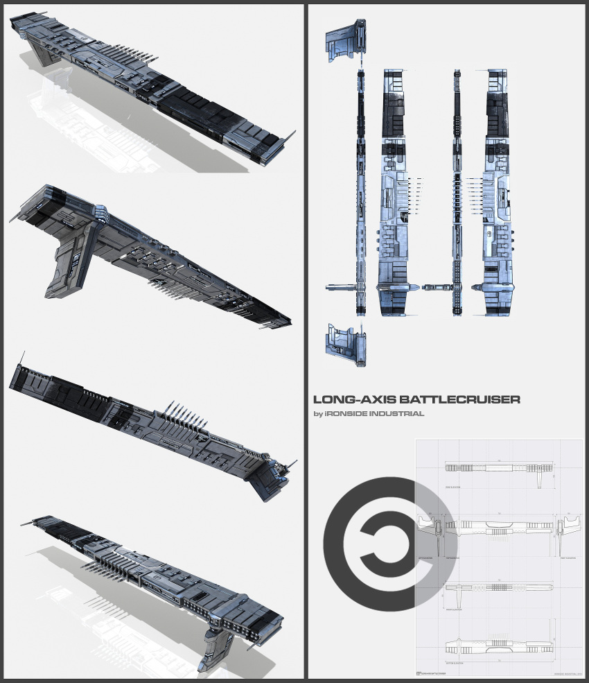 3d absurdres astepintooblivion battlecruiser_(eve_online) border caldari_state_(eve_online) commentary concept_art emblem eve_online grey_border grey_theme highres military_vehicle multiple_views no_humans original realistic reference_sheet reflection_focus science_fiction shadow spacecraft vehicle_focus white_background