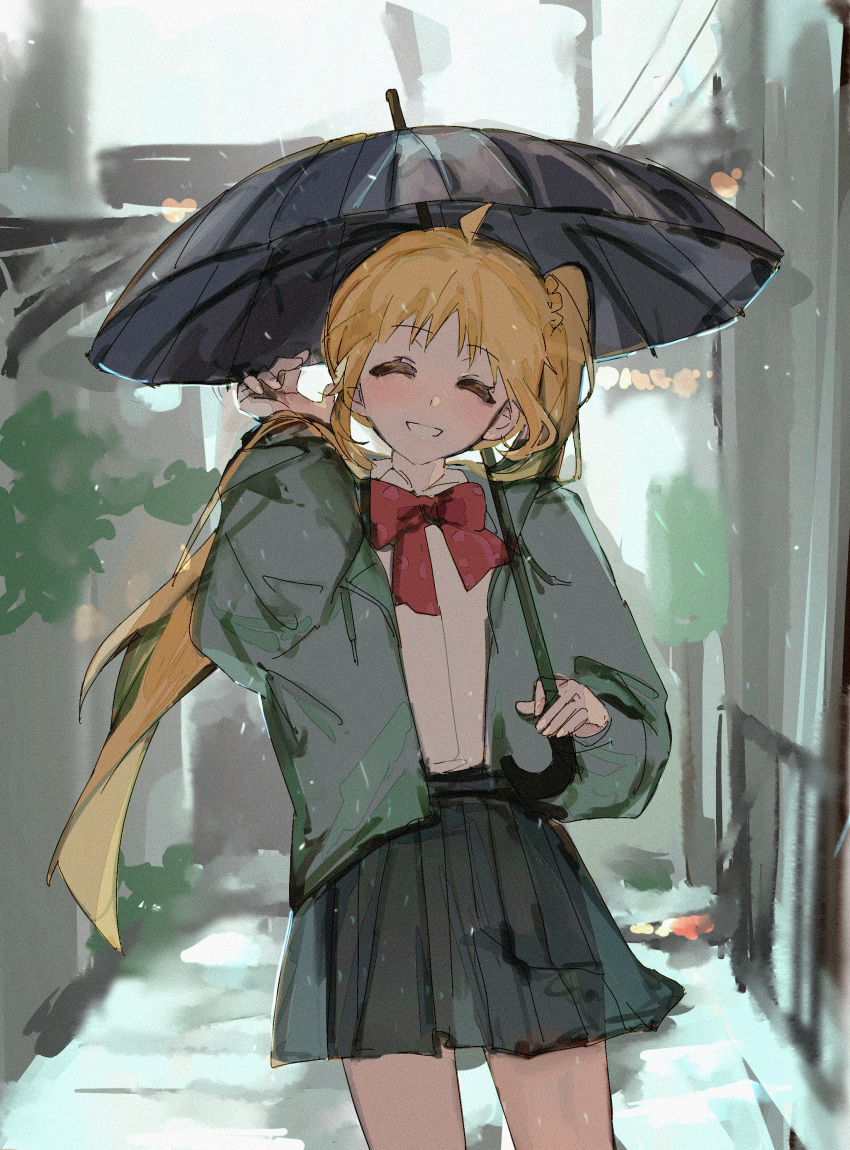 1girl absurdres ahegao asymmetrical_hair black_umbrella blonde_hair blurry blurry_background bocchi_the_rock! bow bowtie closed_eyes highres holding holding_umbrella ijichi_nijika long_hair outdoors puddle pye_(uzkv3777) rain red_bow red_bowtie reflection reflective_water see-through see-through_skirt side_ponytail skirt solo umbrella very_long_hair waving