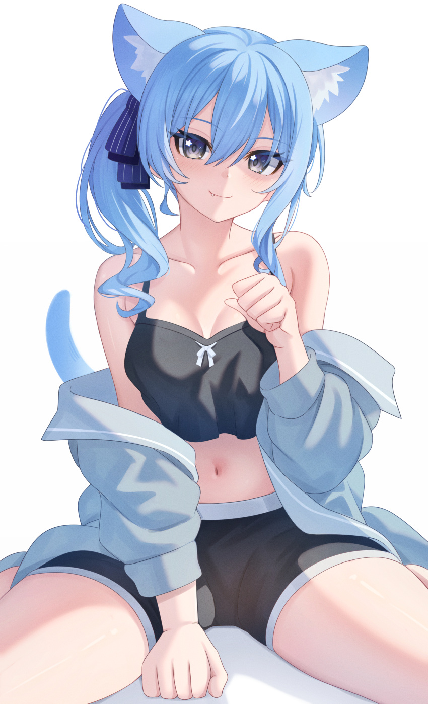 1girl absurdres alternate_costume animal_ear_fluff animal_ears aoi_zerii black_camisole black_shorts blue_eyes blue_hair blue_jacket breasts camisole cat_ears cat_tail collarbone commentary crop_top double-parted_bangs extra_ears fang hair_between_eyes hair_ribbon hand_up highres hololive hoshimachi_suisei jacket long_hair looking_at_viewer medium_breasts navel off_shoulder paw_pose ribbon short_shorts shorts side_ponytail sidelocks simple_background sitting smile solo star_(symbol) star_in_eye straight-on symbol_in_eye tail thighs virtual_youtuber wariza white_background
