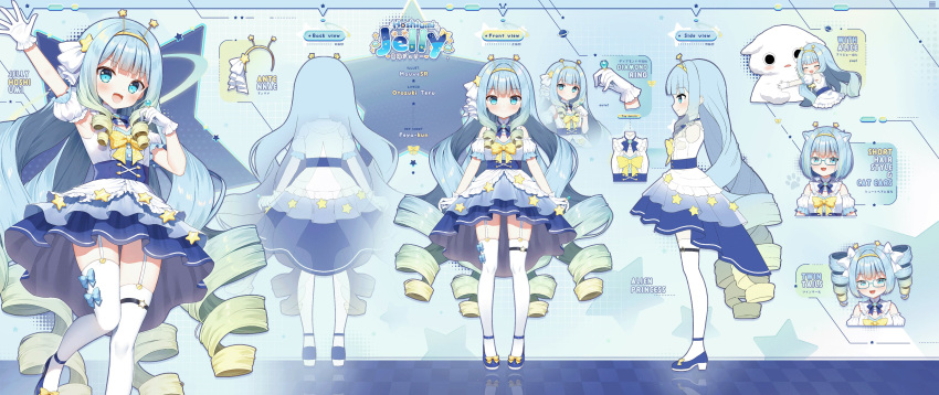 1girl :d absurdres animal_ears artist_name bare_shoulders blue_dress blue_eyes blue_footwear blue_hair bow cat_ears character_name closed_mouth commentary_request dress drill_hair full_body garter_straps glasses gloves gradient_hair green_hair hair_bow hairband highres hugging_object jelly_hoshiumi jewelry mauve multicolored_hair multiple_views official_alternate_hairstyle official_art phase_connect puffy_short_sleeves puffy_sleeves reference_sheet ring shoes short_sleeves sleeveless sleeveless_dress smile standing star_(symbol) thighhighs twin_drills virtual_youtuber white_bow white_gloves white_sleeves white_thighhighs yellow_hairband