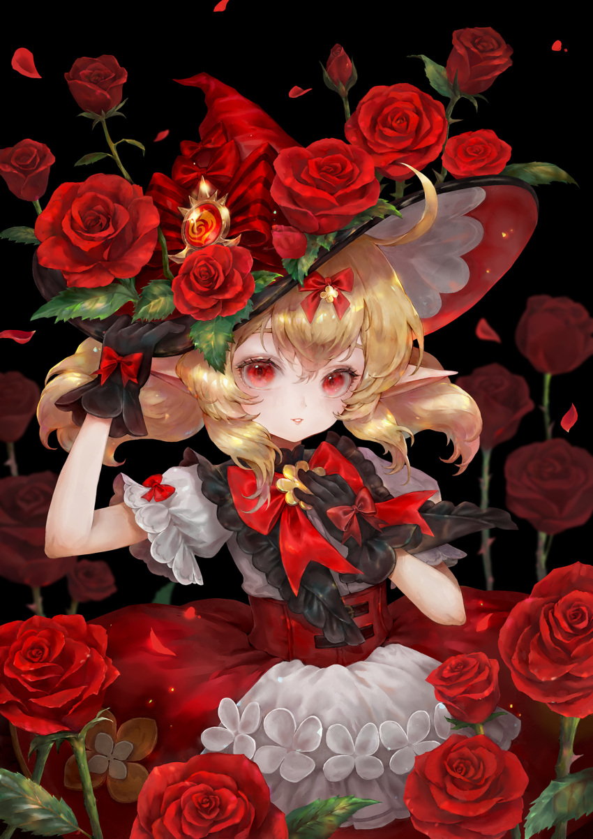 1girl black_gloves blonde_hair bow corset flower genshin_impact gloves hair_bow hand_on_own_chest hat hat_flower highres kim_eul_bong klee_(genshin_impact) light_smile looking_at_viewer parted_lips pointy_ears puffy_short_sleeves puffy_sleeves red_bow red_corset red_eyes red_flower red_hat red_rose red_skirt rose shirt short_sleeves skirt solo white_shirt witch_hat