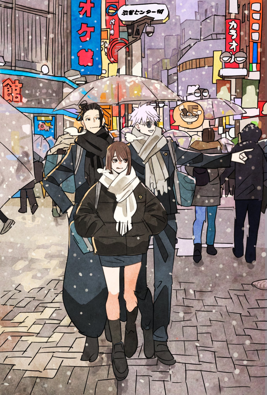 1girl 2boys black_footwear black_hair black_jacket black_pants black_scarf bowl brown_hair brown_scarf food full_body gakuran getou_suguru gojou_satoru highres holding holding_umbrella ieiri_shoko jacket jujutsu_kaisen jujutsu_tech_uniform long_sleeves multiple_boys noodles outdoors pants ramen scarf school_uniform short_hair sign smile snowing takeuchi_ryousuke umbrella white_scarf winter_clothes