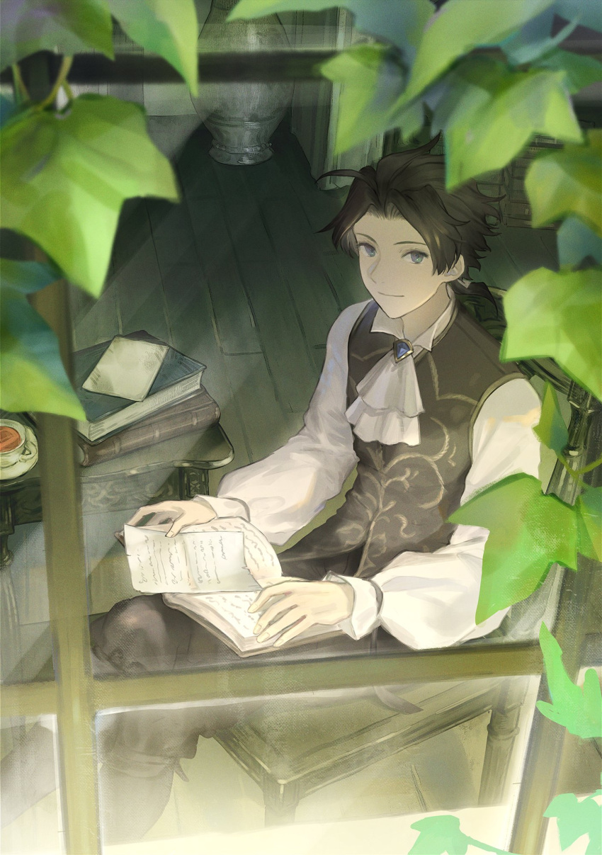 1boy ascot book book_stack brown_hair closed_mouth commentary crossed_legs cup cyrus_albright fujie_xy highres holding holding_book leaf looking_outside male_focus octopath_traveler octopath_traveler_i on_chair open_book paper short_hair sitting sleeves_past_wrists smile symbol-only_commentary tea teacup white_ascot window