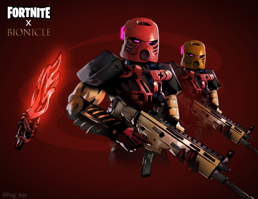assault_rifle bionicle copyright_name crossover flaming_sword flaming_weapon fortnite gun highres holding holding_gun holding_weapon humanoid_robot kanohi_(bionicle) logo looking_down mask prog_ares purple_eyes red_background rifle robot solo_focus tahu_(bionicle) the_lego_group trigger_discipline twitter_username variations weapon