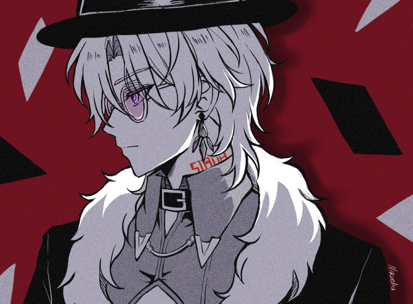1boy artist_name aventurine_(honkai:_star_rail) card cleavage_cutout closed_mouth clothing_cutout collar collared_shirt commentary earrings english_commentary expressionless fedora floating_card fur-trimmed_jacket fur_trim glasses greyscale greyscale_with_colored_background hair_between_eyes hat highres honkai:_star_rail honkai_(series) jacket jewelry looking_to_the_side male_focus monochrome neck_tattoo nirvelia open_clothes open_jacket parted_bangs purple-tinted_eyewear purple_eyes red_background shirt short_hair simple_background single_earring solo spot_color tattoo tinted_eyewear upper_body wing_collar