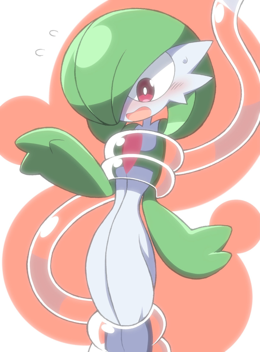 blush bob_cut colored_skin dress envi55109095 flying_sweatdrops gardevoir green_hair hair_over_one_eye highres multicolored_skin open_mouth pink_eyes pokemon pokemon_(creature) restrained simple_background sweatdrop tentacles two-tone_background two-tone_skin white_dress white_skin