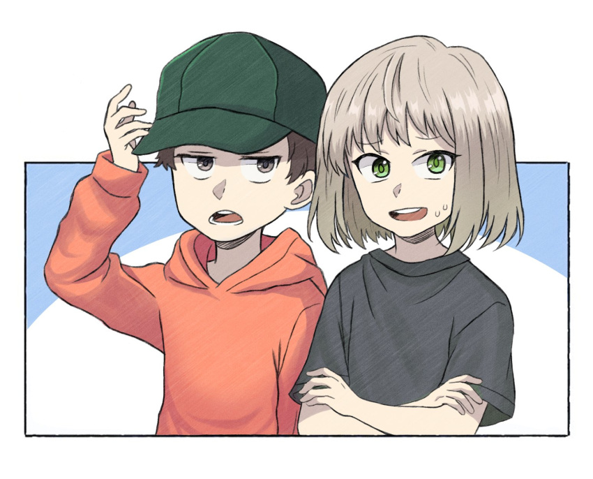 2boys animification baseball_cap blonde_hair brown_eyes brown_hair crossed_arms de_tre_vannerna_och_jerry eric_(de_tre_vannerna_och_jerry) green_eyes green_shirt hat highres hood hoodie male_focus multiple_boys orange_hoodie shirt sweatdrop thomas_(de_tre_vannerna_och_jerry) ximsol182