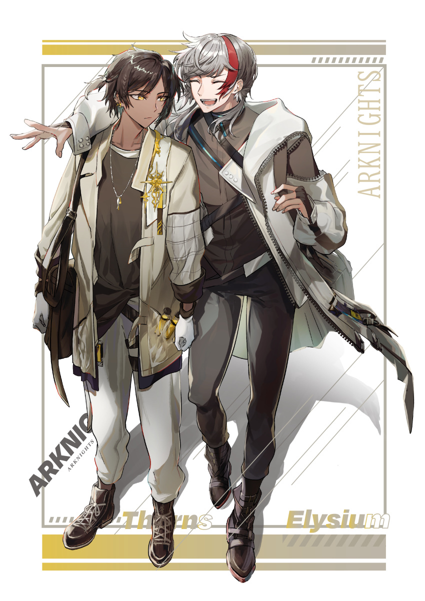 2boys absurdres arknights arm_around_shoulder black_footwear black_hair black_pants black_shirt border brown_coat character_name clenched_hand closed_eyes coat commentary copyright_name dark-skinned_male dark_skin denshoku_97 elysium_(arknights) full_body gloves grey_hair highres jewelry looking_at_another multicolored_hair multiple_boys necklace open_mouth pants red_hair shirt short_hair simple_background smile streaked_hair thorns_(arknights) undershirt white_background white_coat white_gloves white_pants yellow_eyes