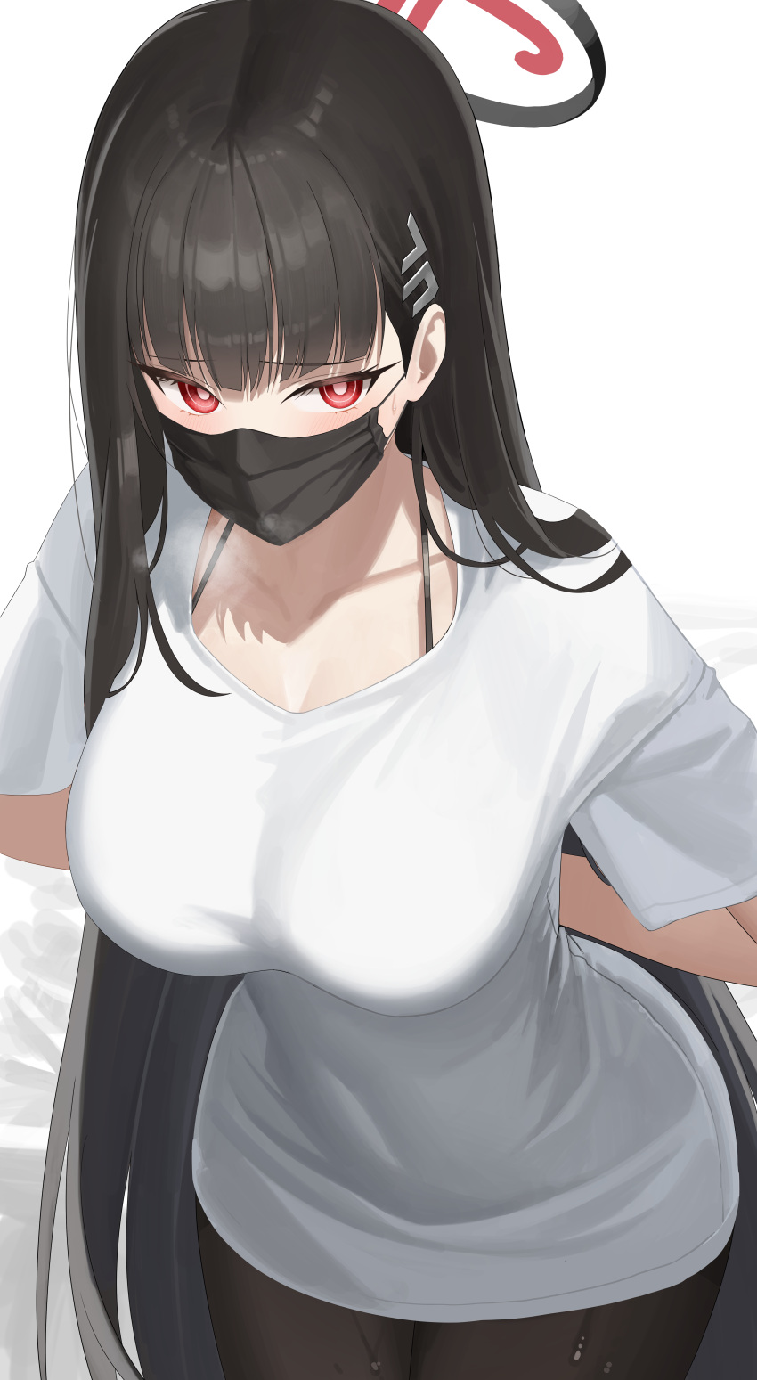 1girl absurdres alternate_costume black_hair black_mask black_pantyhose blue_archive breasts cowboy_shot hair_ornament hairpin halo highres large_breasts leavv long_hair looking_at_viewer mask mouth_mask pantyhose red_eyes revision rio_(blue_archive) shirt short_sleeves simple_background solo surgical_mask white_background white_shirt