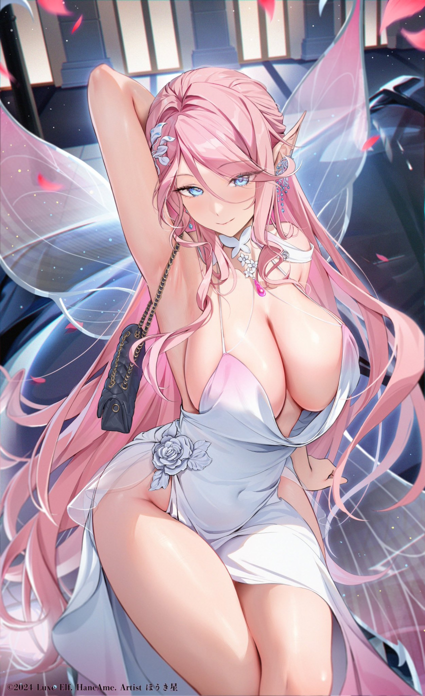 1girl arm_at_side arm_behind_head arm_up armpits bag blue_eyes blush breasts butterfly_wings cleavage closed_mouth cocktail_dress covered_navel cowboy_shot dress earrings elf falling_petals flower hair_flower hair_intakes hair_ornament handbag highres houkisei huge_breasts indoors insect_wings jewelry long_hair looking_at_viewer no_panties original pelvic_curtain petals pink_hair pointy_ears sidelocks sleeveless sleeveless_dress smile solo thick_thighs thighs watermark white_dress white_flower wide_hips window_shade wings