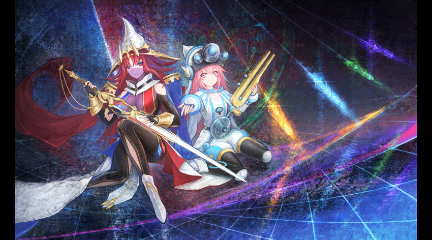 2girls beyond_the_pendulum blue_eyes blue_hair bodystocking breasts character_request covered_navel duel_monster exceed_the_pendulum hat highres holding holding_sword holding_weapon labombardier! large_breasts long_hair mask mouth_mask multicolored_eyes multicolored_hair multiple_girls pink_eyes pink_hair red_eyes red_hair streaked_hair sword weapon witch_hat yu-gi-oh!