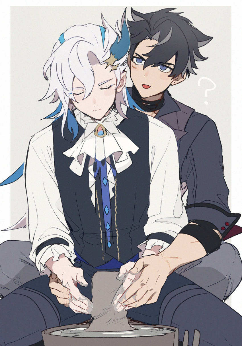 2boys :d ? ascot asymmetrical_bangs bandaged_arm bandaged_neck bandages black_hair black_shirt black_vest blue_eyes blue_hair blue_pants border brooch buttons clay closed_eyes closed_mouth collared_shirt commentary_request frilled_sleeves frills genshin_impact grey_background grey_hair grey_pants grey_vest hair_between_eyes hair_ornament highres jewelry long_hair long_sleeves male_focus multicolored_hair multiple_boys neuvillette_(genshin_impact) open_mouth outside_border pants parted_bangs pointy_ears scar scar_on_arm scar_on_cheek scar_on_face sculpting shirt short_hair short_sleeves simple_background sitting smile streaked_hair sumomoi_(dvcat) vest white_ascot white_border white_hair white_shirt wriothesley_(genshin_impact)