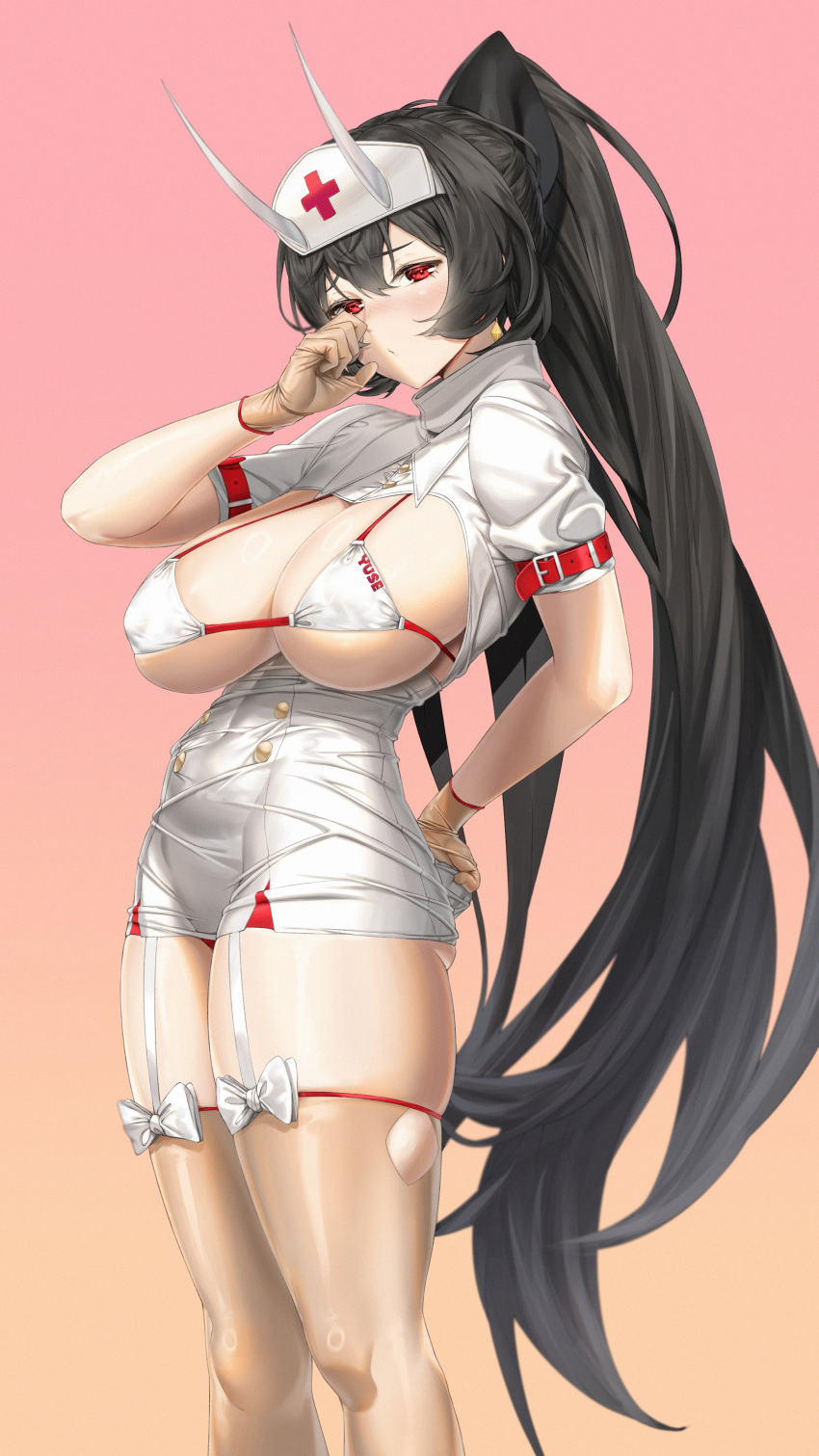 1girl absurdres arm_behind_back belt bikini black_hair bow breast_cutout breasts brown_gloves brown_thighhighs commission copyright_request dress earrings gloves gradient_background hand_up hat highres hoop_earrings horns jewelry large_breasts long_hair nurse nurse_cap pixel_(yuxian) pixiv_commission ponytail red_belt red_eyes short_dress simple_background solo standing swimsuit thighhighs very_long_hair white_bikini white_bow white_dress