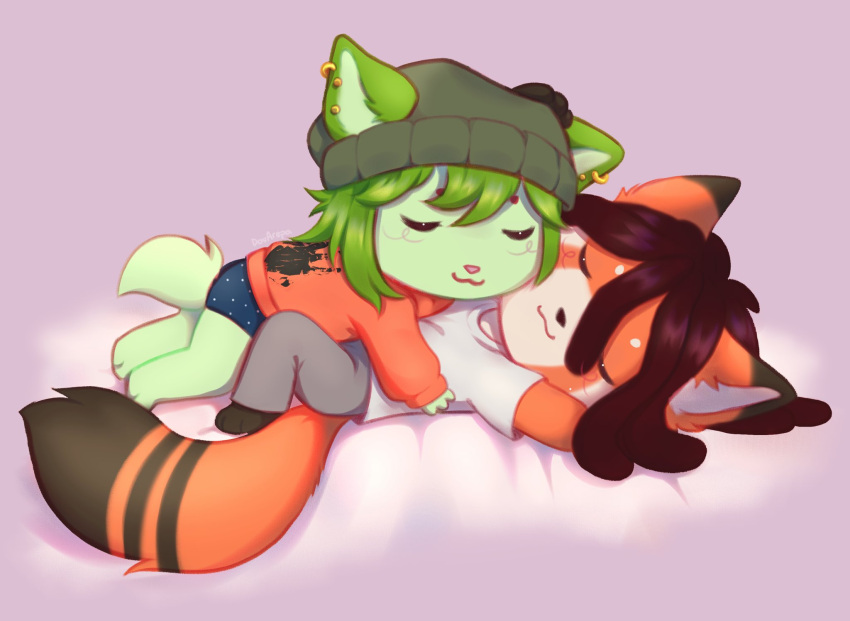 ailurid anthro beanie canna_(malarsauce) chibi clothing cuddling domestic_cat dovagiral dreadlocks duo ear_piercing felid feline felis female generation_9_pokemon hat headgear headwear hi_res invalid_tag male male/female mammal nintendo piercing pierre_(palmtrees) pokemon pokemon_(species) red_panda sleeping smug sprigatito