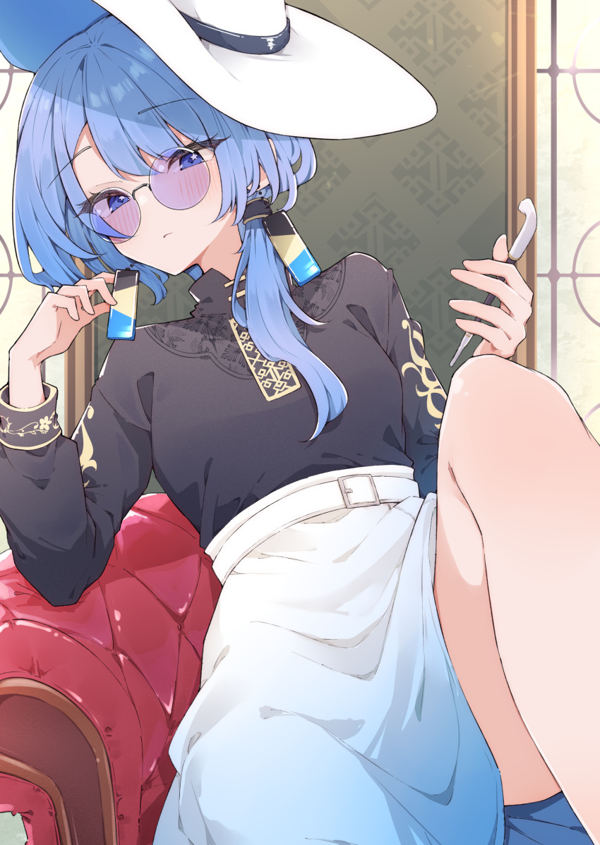 1girl absurdres airenif belt black_shirt blue_eyes blue_hair blush closed_mouth earrings high-waist_skirt highres holding holding_smoking_pipe hololive hoshimachi_suisei indoors jewelry long_hair long_sleeves looking_at_viewer round_eyewear shirt side_ponytail sitting skirt smoking_pipe solo star_(symbol) star_in_eye symbol_in_eye thighs virtual_youtuber white_belt white_skirt