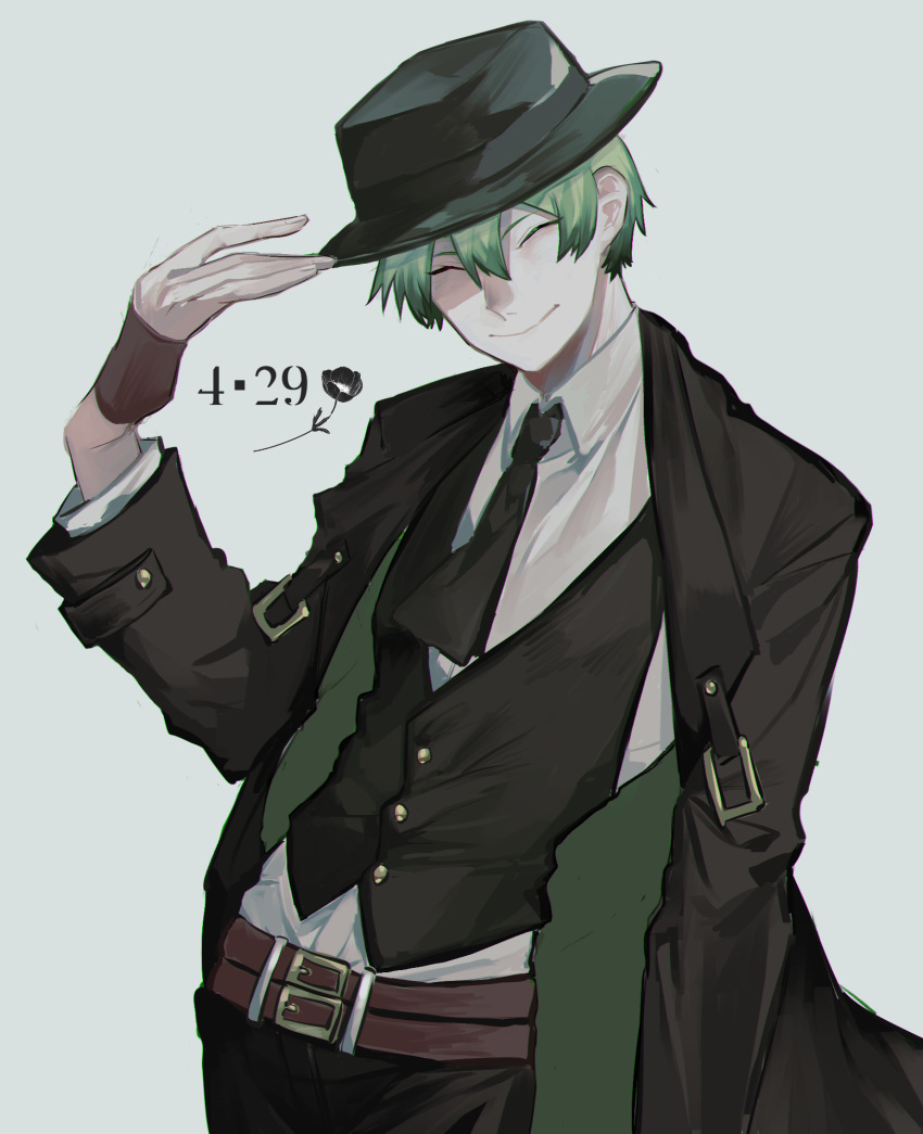 1boy ascot bad_hands belt black_ascot black_coat black_hat black_vest blazblue closed_eyes coat coat_on_shoulders collared_shirt commentary_request dated fedora green_hair grey_background hat hazama highres looking_at_viewer male_focus shirt short_hair simple_background smile solo vest white_shirt yukinohito_(koutyanomitai)